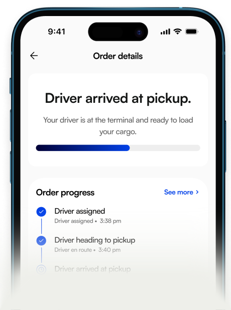 Trukkas app order details screen showing driver arrival progress